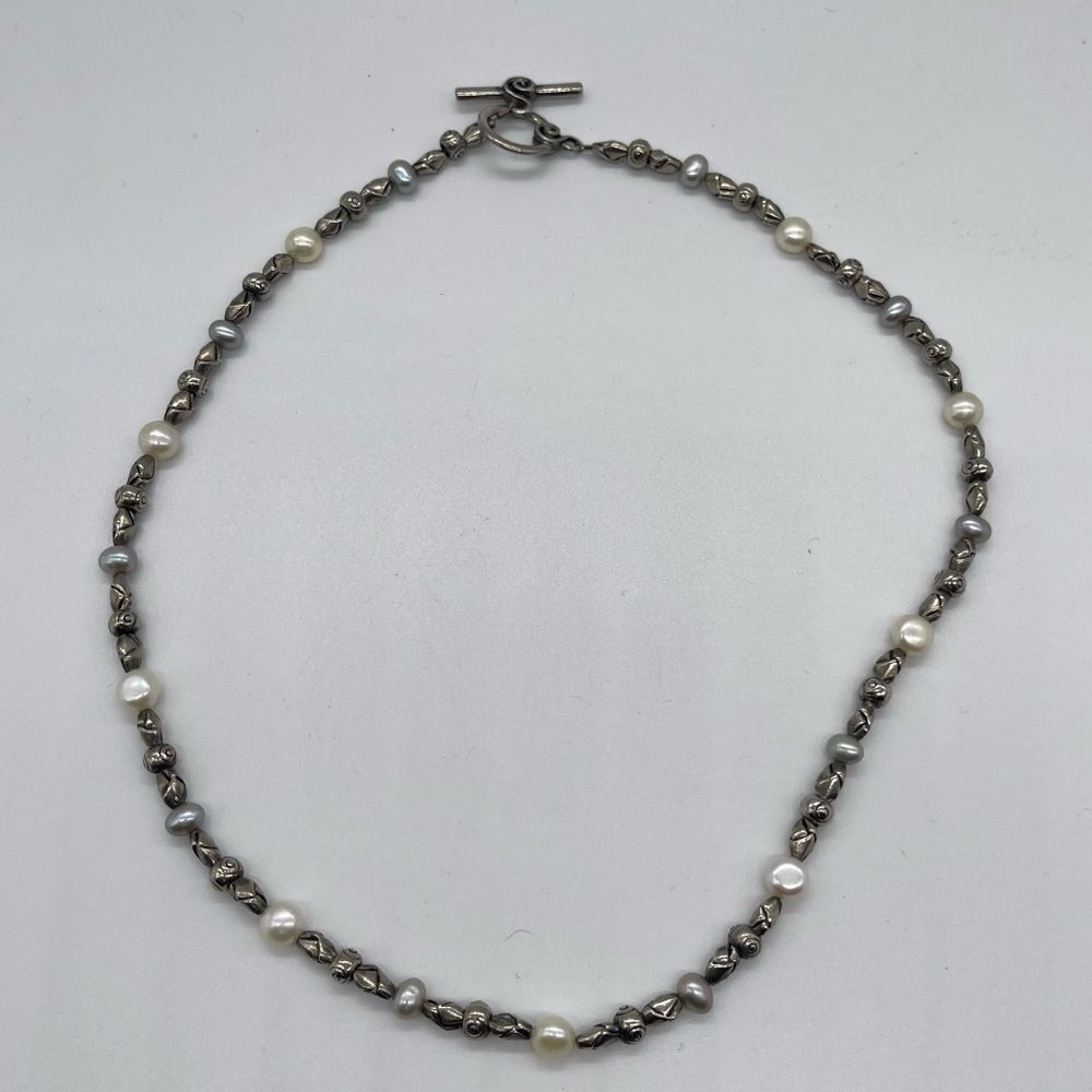 Mixed Metal with Fresh Water Pearls 18 inches Length Silver Tone - Picture 2 of 3